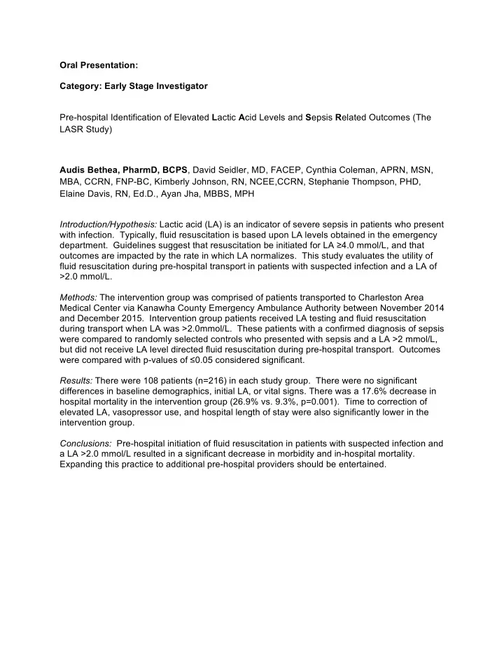 oral presentation category early stage investigator pre