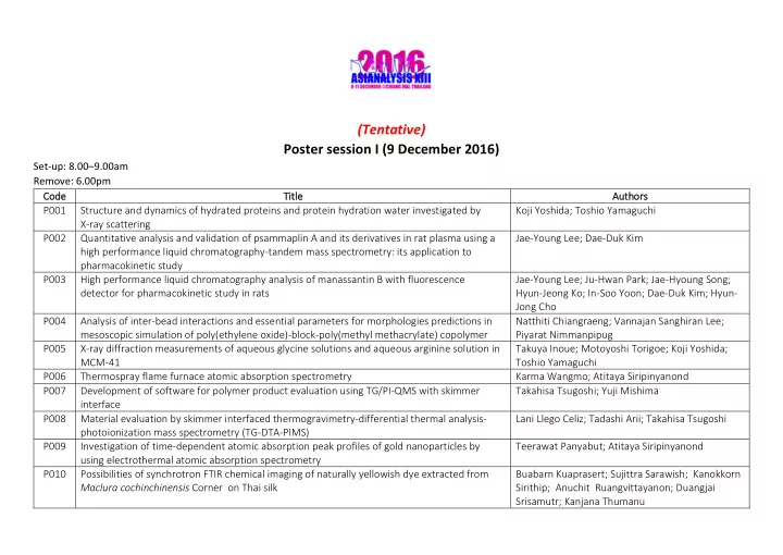 tentative poster session i 9 december 2016