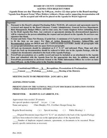 (Agenda Items are due Thursday by 5:00 p.m., twelve (12) days prior to the Board meeting)