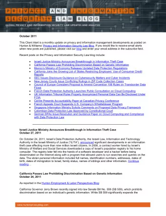 October 2011  This Client Alert is a monthly update on privacy and information management