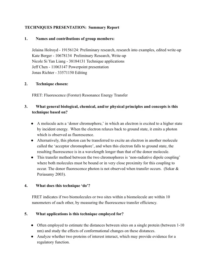 techniques presentation summary report 1 names and