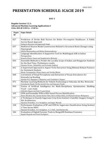 PRESENTATION SCHEDULE: ICACIE 2019  DAY-1 Regular Session 1.2.1: Advanced Machine Learning