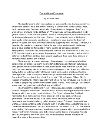 The Nonbinary Experience  By Rowan Collins  The Western world often has no place for someone like