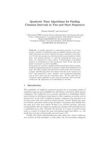 Quadratic Time Algorithms for Finding  Common Intervals in Two and More Sequences Thomas Schmidt 1