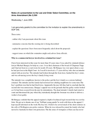 Notes of a presentation to the Law and Order Select Committee, on the Arms Amendment (No 3) Bill