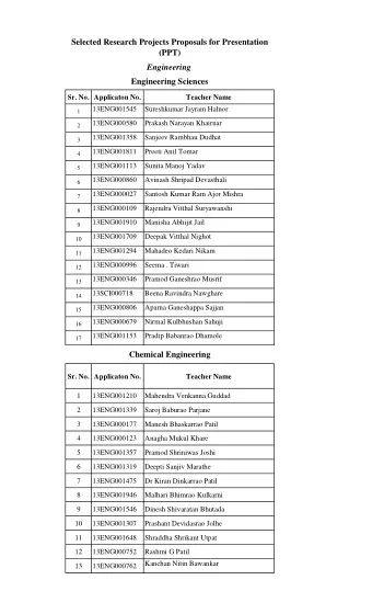 Selected Research Projects Proposals for Presentation  (PPT)  Engineering  Engineering Sciences