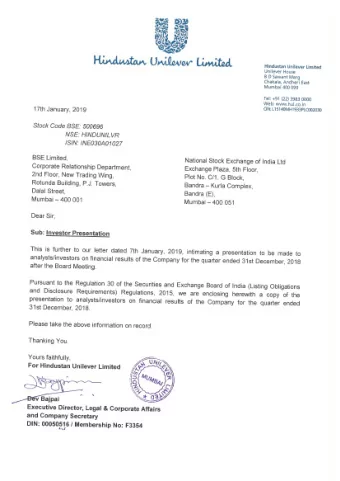 Hindustan Unilever Limited DQ18 Results Presentation : 17 th January 2019  Safe Harbor Statement