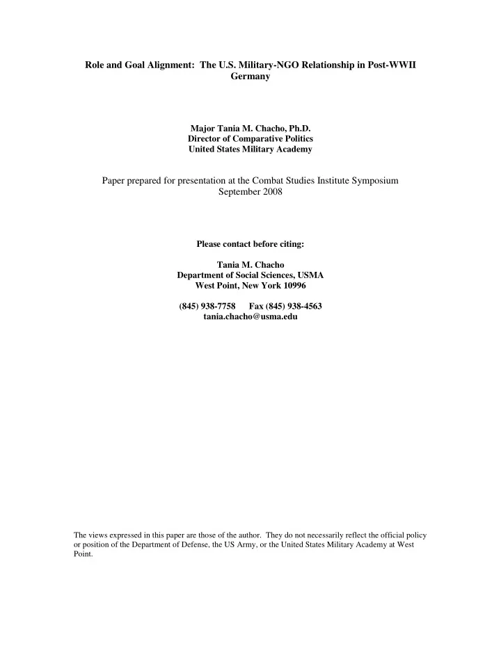 role and goal alignment the u s military ngo relationship