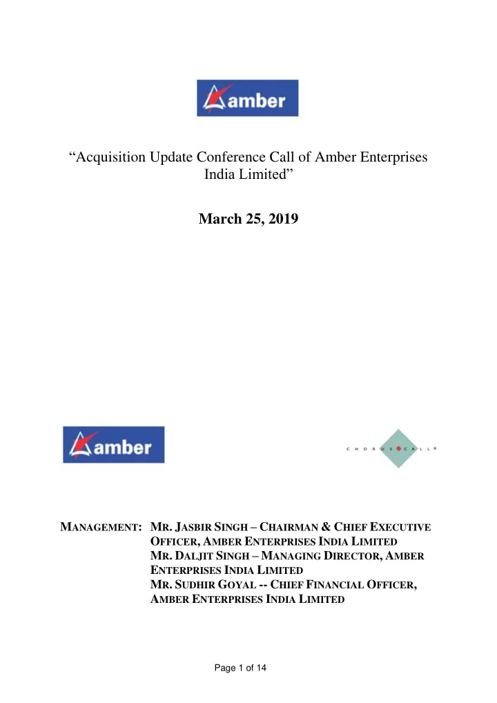 acquisition update conference call of amber enterprises