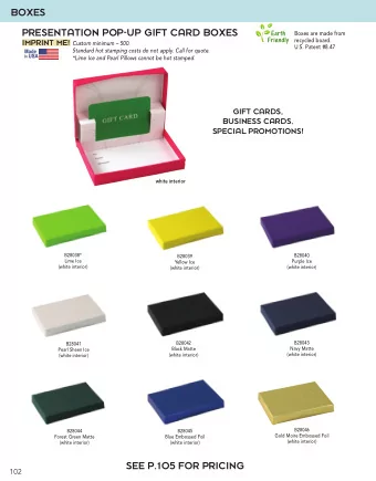 BOXES  BOXES  PRESENTATION POP-UP GIFT CARD BOXES  Boxes are made from  recycled board. IMPRINT ME!