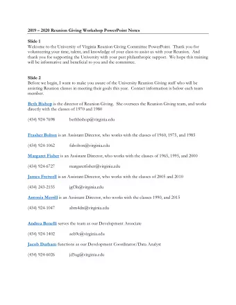 2019  2020 Reunion Giving Workshop PowerPoint Notes  Slide 1  Welcome to the University of