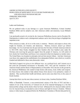 AMERICAN PHILHELLENES SOCIETY  DEDICATION OF MONUMENT TO LUCAS MILTIADIS MILLER  AND JONATHAN