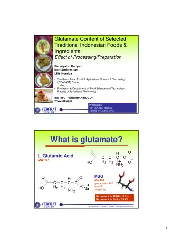 What is glutamate?  O  O  H  L Glutamic Acid  L-Glutamic Acid  C  C  C  C  C  C  C  C  MW 147 H 2 H