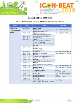 Schedule of IcoN-BEAT 2019  Venue : Main Hall GKB 4, University of Muhammadiyah Malang, Indonesia