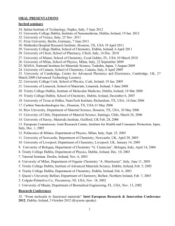 ORAL PRESENTATIONS  Invited seminars  34. Italian Institute of Technology, Naples, Italy, 5 June