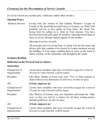 Ceremony for the Presentation of Service Awards  [A service award may include pins, certificates