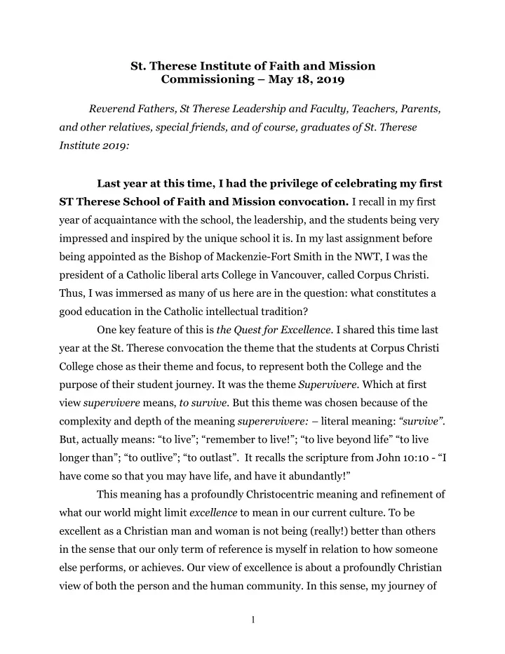 st therese institute of faith and mission commissioning