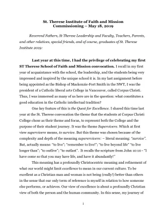 St. Therese Institute of Faith and Mission  Commissioning  May 18, 2019  Reverend Fathers, St