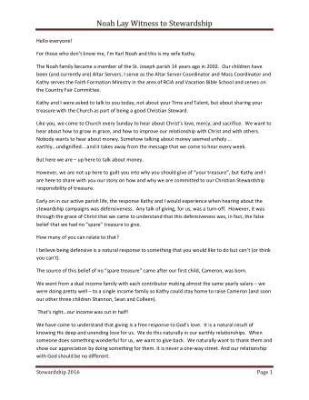 Noah Lay Witness to Stewardship  Hello everyone!  For those who dont know me, Im Karl Noah