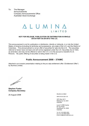 Public Announcement 2008  37AWC  Attached is an investor presentation relating to the pro rata