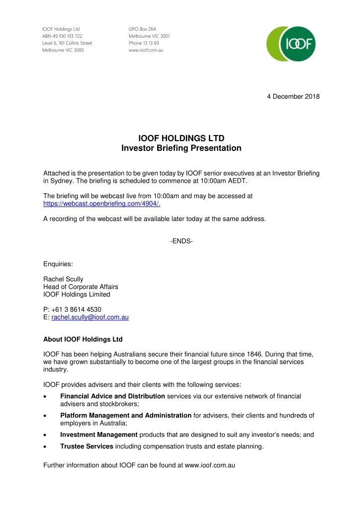 4 december 2018 ioof holdings ltd investor briefing
