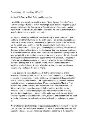 Presentation  Dr John Gray 14/11/17  Section 270 Review -Black Point Land Revocation  I would