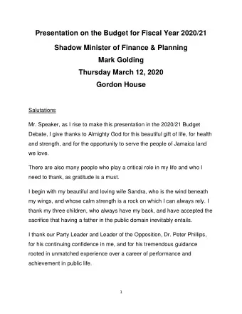 Presentation on the Budget for Fiscal Year 2020/21  Shadow Minister of Finance &amp; Planning  Mark