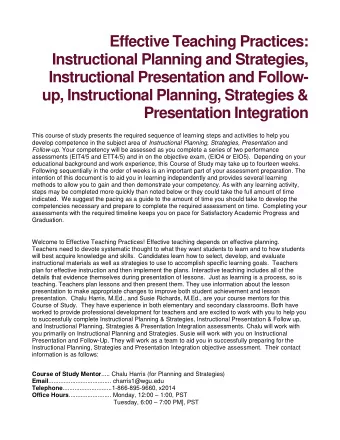 Effective Teaching Practices:  Instructional Planning and Strategies,  Instructional Presentation