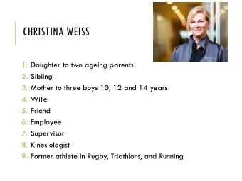CHRISTINA WEISS  1. Daughter to two ageing parents  2. Sibling  3. Mother to three boys 10, 12 and