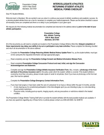 INTERCOLLEGIATE ATHLETICS  Presentation College  1500 N. Main Street  RETURNING STUDENT-ATHLETE