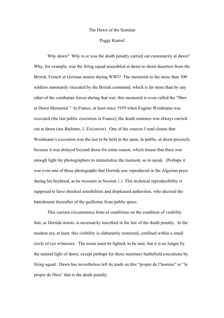 the dawn of the seminar peggy kamuf why dawn why is or
