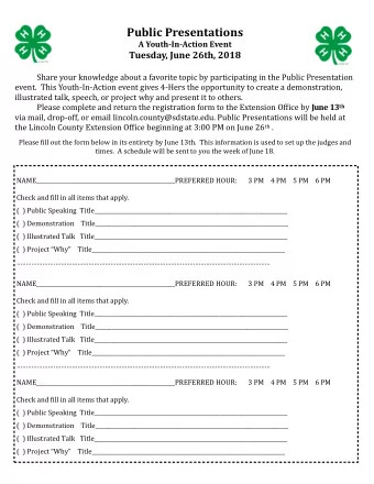 Public Presentations A Youth - In - Action Event Tuesday, June 26th, 2018  Share your knowledge