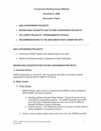 Summary of 2009 Projects (see attached table and map)    Review Draft Memorandum of