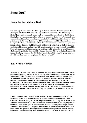 June 2007 From the Postulators Desk  The first day of June marks the Birthday of Blessed Edmund