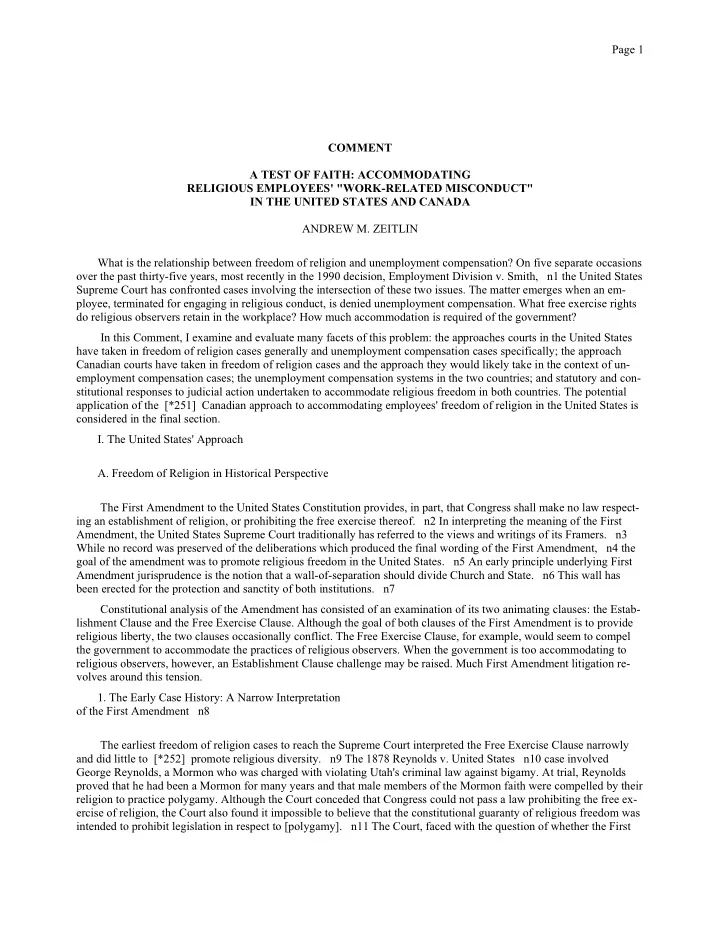 page 1 comment a test of faith accommodating religious