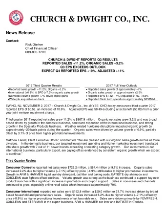 CHURCH &amp; DWIGHT CO., INC.  News Release Contact:  Rick Dierker  Chief Financial Officer