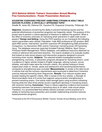 2015 National Athletic Trainers' Association Annual Meeting  Free Communications - Poster