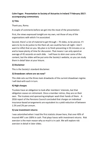 Colm Fagan:  Presentation to Society of Actuaries in Ireland 7 February 2017:  accompanying