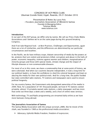 CONGRESS OF ACP PRESS CLUBS  Ubumwe Grande Hotel, Kigali, Rwanda, 20-21 October 2016 Presentation