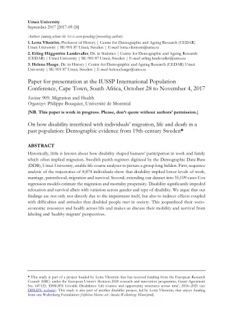 Paper for presentation at the IUSSP International Population  Conference, Cape Town, South Africa,