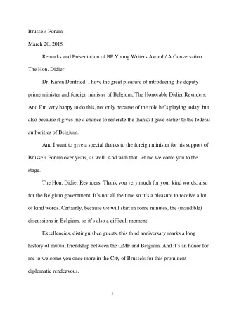 Brussels Forum  March 20, 2015  Remarks and Presentation of BF Young Writers Award / A Conversation