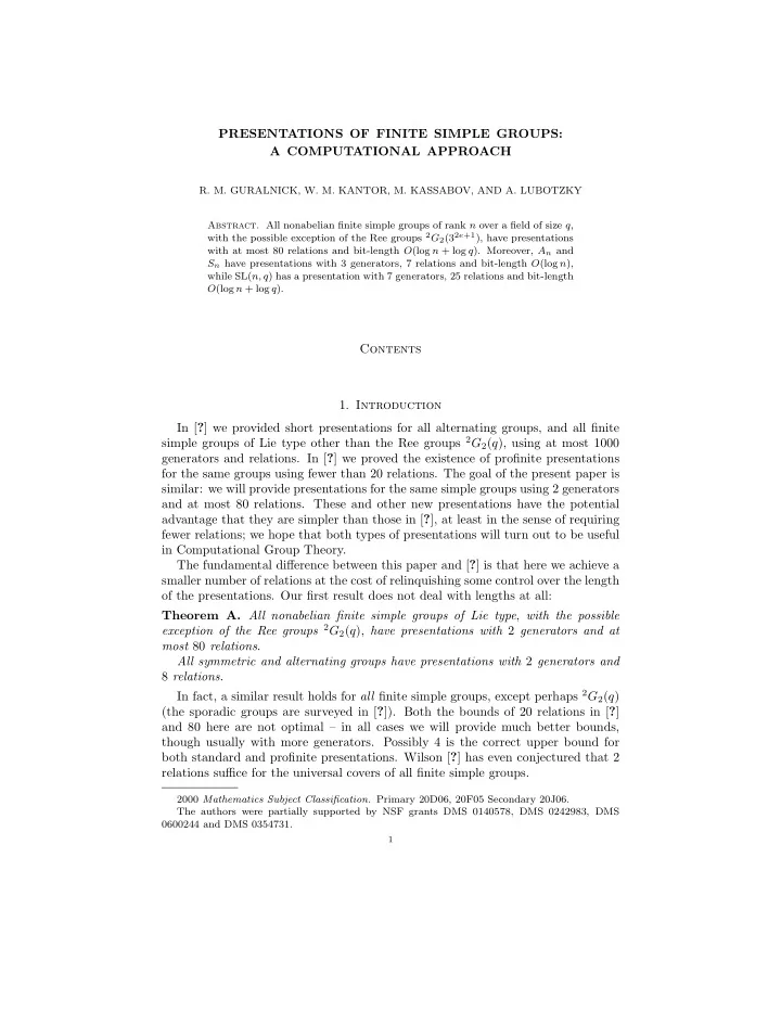 presentations of finite simple groups a computational