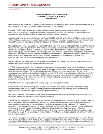 HUBER CAPITAL MANAGEMENT  Investment Advisor EMERGING MANAGERS CONFERENCE PRESENTATION BY JOE HUBER