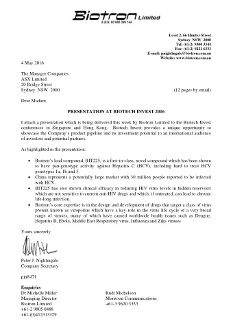 4 May 2016  The Manager Companies  ASX Limited  20 Bridge Street  Sydney  NSW  2000  (12 pages by