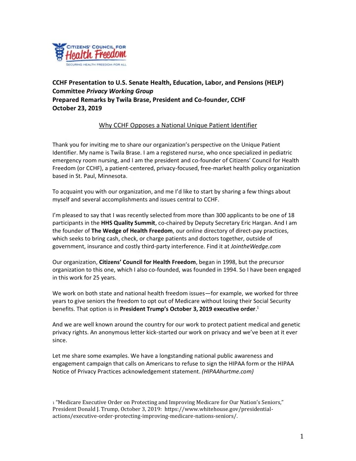cchf presentation to u s senate health education labor