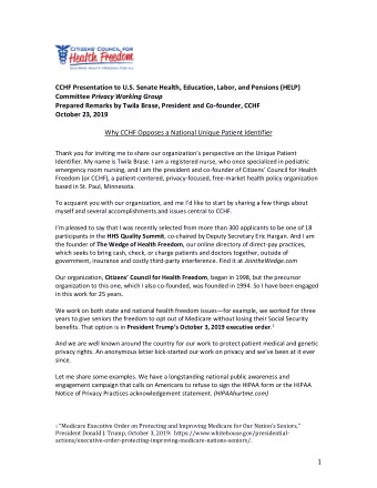 CCHF Presentation to U.S. Senate Health, Education, Labor, and Pensions (HELP) Committee Privacy