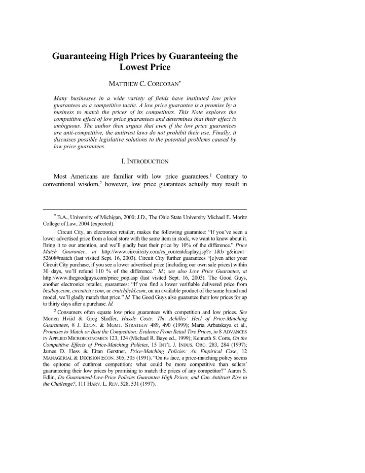 guaranteeing high prices by guaranteeing the lowest price