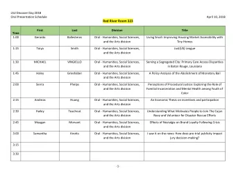 Red River Room 323  First  Last  Division  Title  Time  1:00  Gerardo  Ballesteros  Oral -
