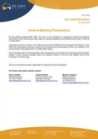 Hemi discovery,  Mallina gold province  Australias fastest growing gold  company  General