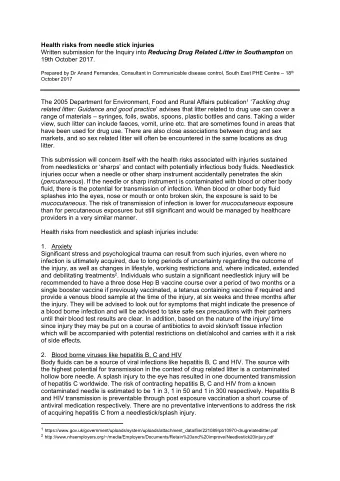 Health risks from needle stick injuries Written submission for the Inquiry into Reducing Drug
